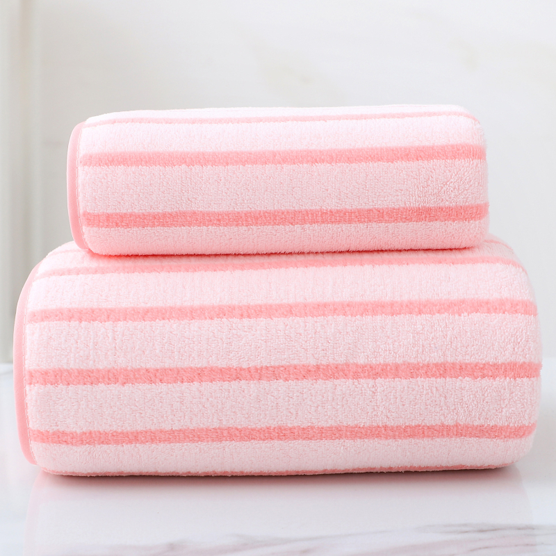 Naujas buitinis ypač didelis sustorintas vonios rankšluostis, spalvotas dryžuotas koralų vilnos vonios rankšluostis, be plaukų, dviejų dalių rinkinys