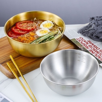 Korea stiilis roostevabast terasest kiirnuudlikauss, salatikauss, kuldne külmnuudlikauss, bibimbap-kauss, pähklipulbrikauss restorani jaoks