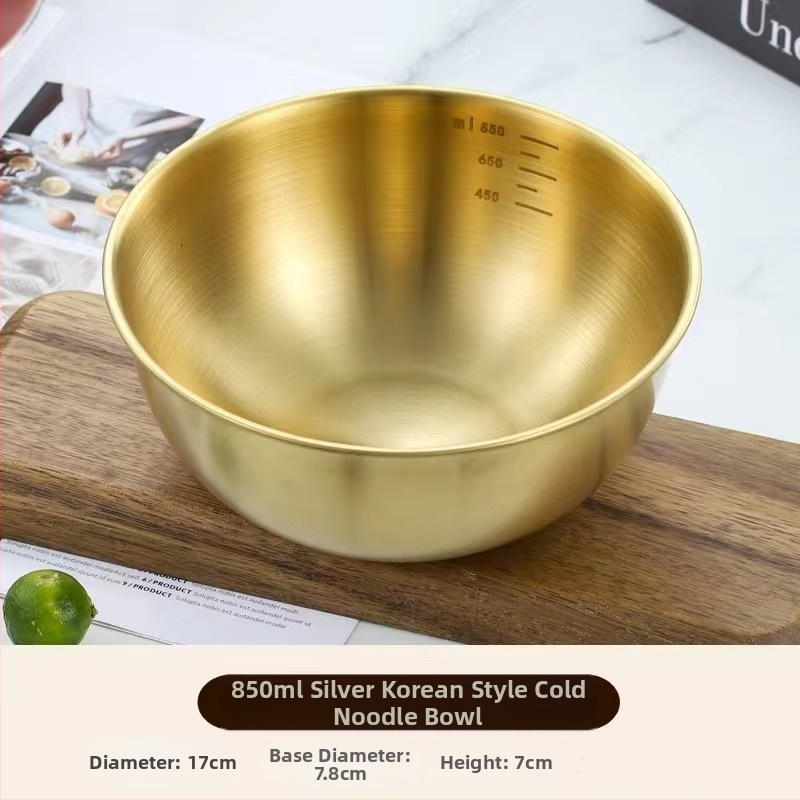 Korea stiilis roostevabast terasest kiirnuudlikauss, salatikauss, kuldne külmnuudlikauss, bibimbap-kauss, pähklipulbrikauss restorani jaoks