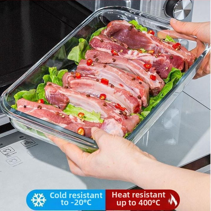 Правоъгълна тава за печене от високо боросиликатно стъкло, рибна чиния, домакинско месо, задушен хайвер, устойчив на висока температура, микровълнова фурна, специално печене