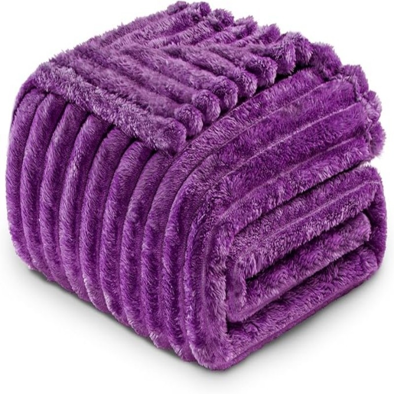 Pătură caldă de flanel Amazon, cu dungi, culoare solidă, cu margini pliate, ambalaj comprimat, pufos, îngroșat