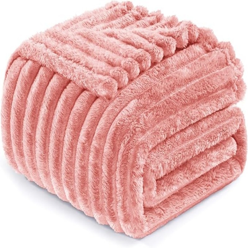 Pătură caldă de flanel Amazon, cu dungi, culoare solidă, cu margini pliate, ambalaj comprimat, pufos, îngroșat