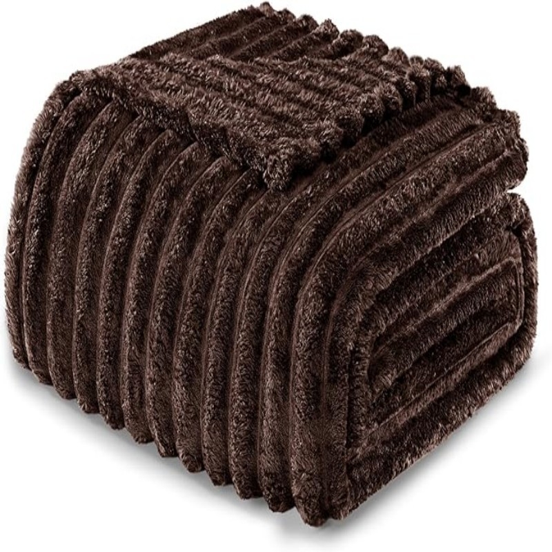 Pătură caldă de flanel Amazon, cu dungi, culoare solidă, cu margini pliate, ambalaj comprimat, pufos, îngroșat