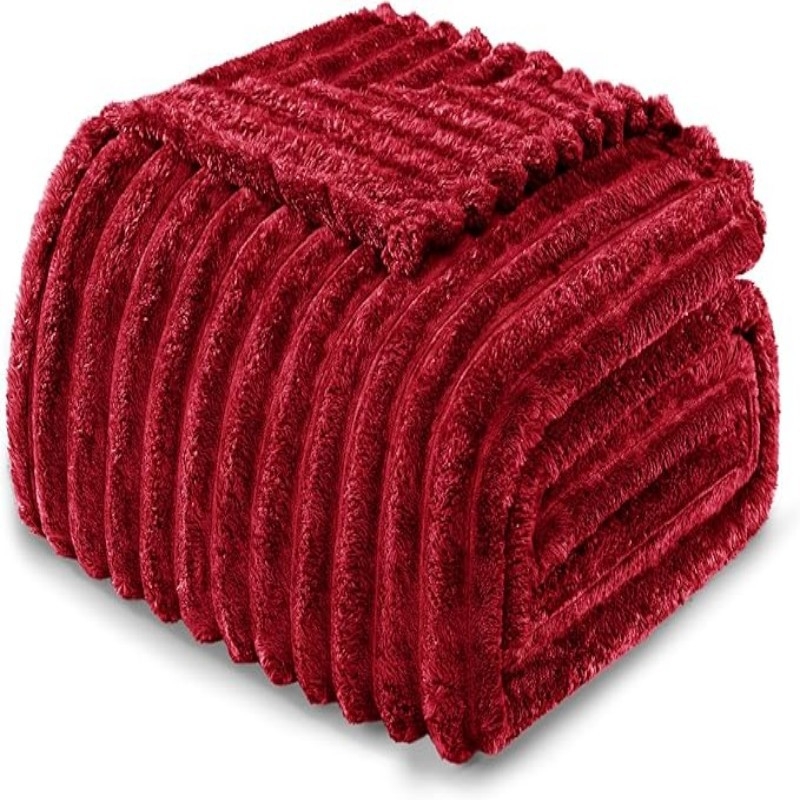 Pătură caldă de flanel Amazon, cu dungi, culoare solidă, cu margini pliate, ambalaj comprimat, pufos, îngroșat