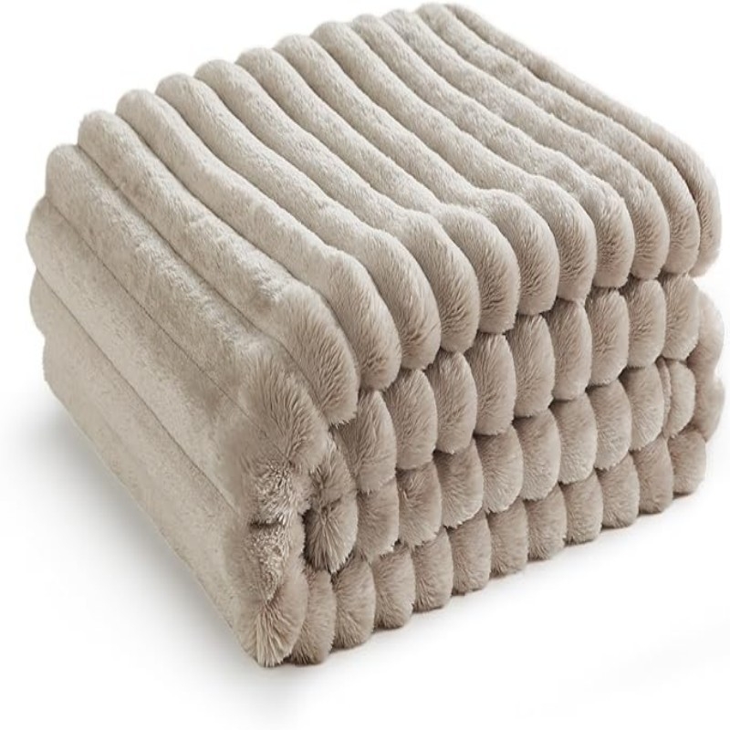 Pătură caldă de flanel Amazon, cu dungi, culoare solidă, cu margini pliate, ambalaj comprimat, pufos, îngroșat