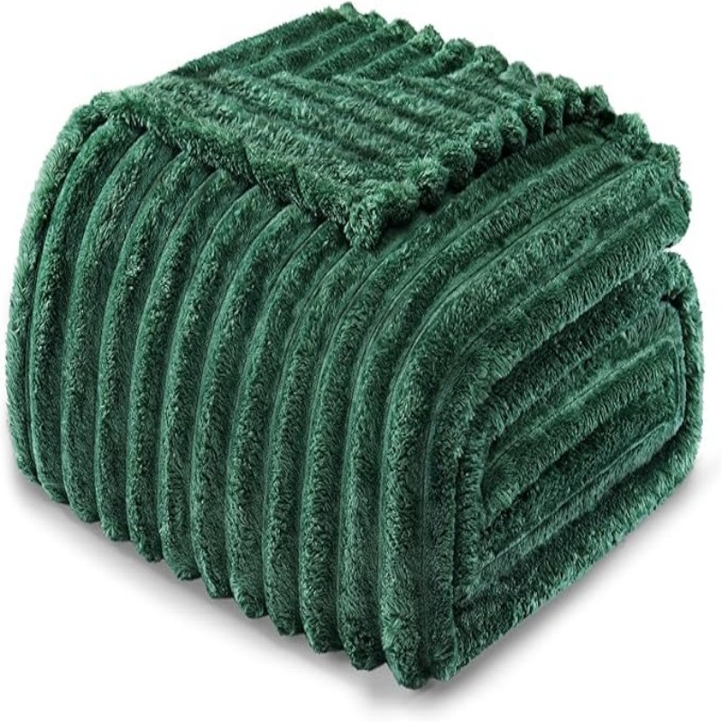 Pătură caldă de flanel Amazon, cu dungi, culoare solidă, cu margini pliate, ambalaj comprimat, pufos, îngroșat