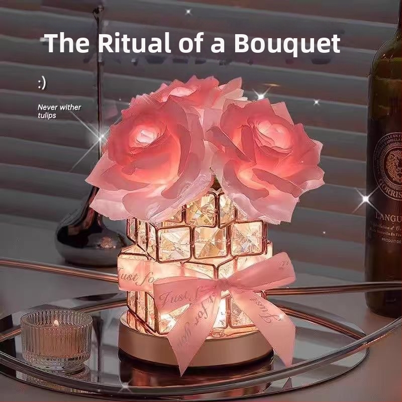 „Rose Cube“ atmosferos stalo lempa, naktinė lemputė mergaitėms, draugėms, gimtadienio Valentino dienos dovana, pažangi dekoracija