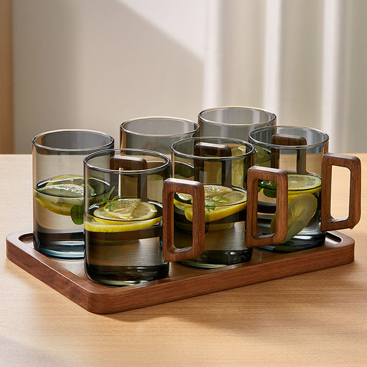 Aukštos kokybės riešutmedžio stiklo vandens puodelių rinkinys, skirtas buitiniam arbatos puodeliui, skirtam žaliosios arbatos gėrimo puodelių arbatos rinkiniui
