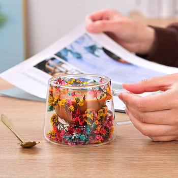 Dvisluoksnis stiklinis aukštos kokybės kavos puodelis tarp kraštų su rankena, kūrybingos gėlės ir augalai, dvisluoksnis paprastas sausas stiklinis puodelis