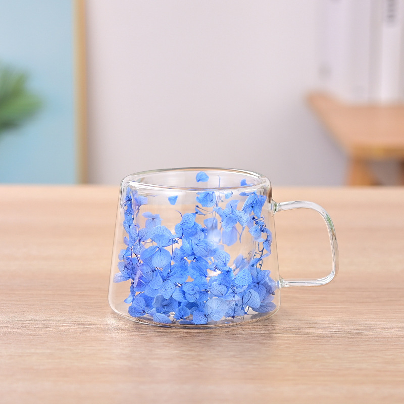 Dvisluoksnis stiklinis aukštos kokybės kavos puodelis tarp kraštų su rankena, kūrybingos gėlės ir augalai, dvisluoksnis paprastas sausas stiklinis puodelis