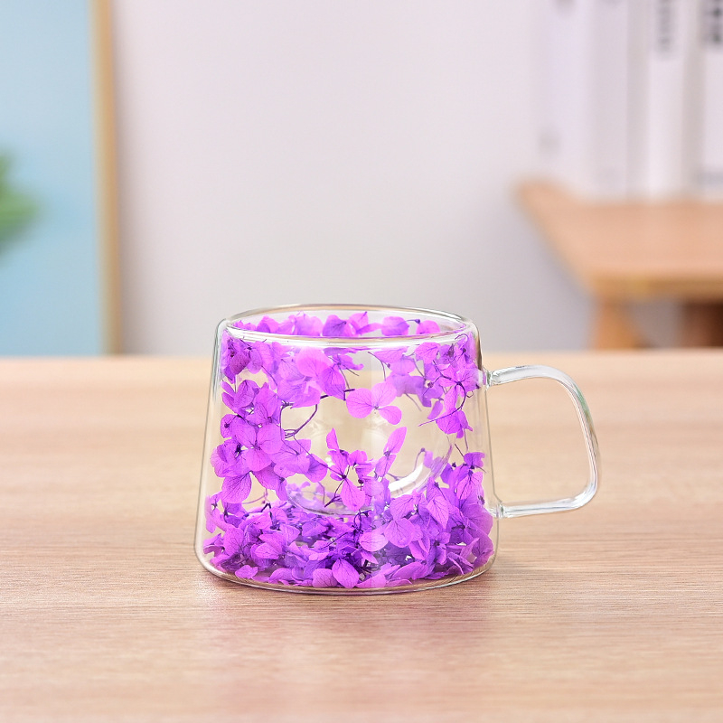 Dvisluoksnis stiklinis aukštos kokybės kavos puodelis tarp kraštų su rankena, kūrybingos gėlės ir augalai, dvisluoksnis paprastas sausas stiklinis puodelis