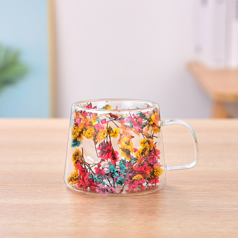 Dvisluoksnis stiklinis aukštos kokybės kavos puodelis tarp kraštų su rankena, kūrybingos gėlės ir augalai, dvisluoksnis paprastas sausas stiklinis puodelis