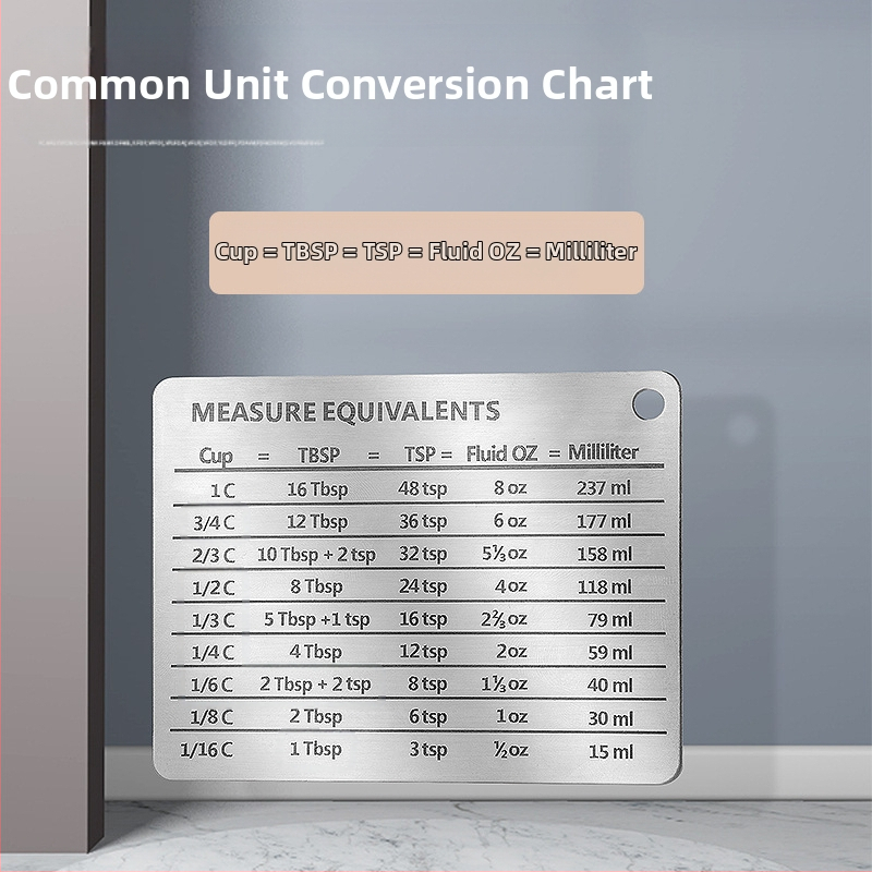 304 roostevabast terasest külmkapi kleebis magnetilise skaalaga, mõõtekork, mõõtelusikas, lisatarvikud, tavaline ühikute teisendamise võrdlustabel