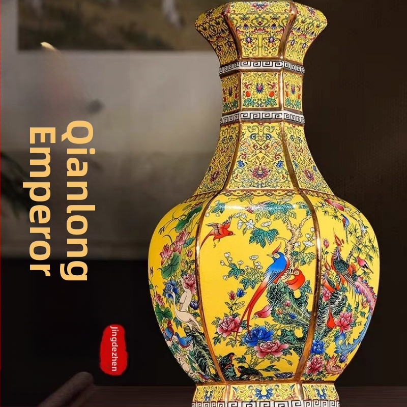 Керамична ваза Jingdezhen, хол, цветни орнаменти, античен китайски висок клас, пастелен телевизионен шкаф, кабинет, античен стелаж