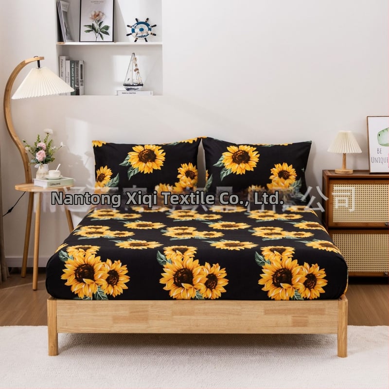 Užsienio prekyba tarpvalstybiniu pavasario ir vasaros pastoracinio stiliaus nauja saulėgrąžų šlifavimo cheminio pluošto paklodė keturių dalių gamyklinis tiesioginis pardavimas