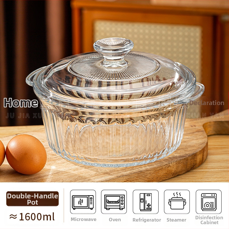 Kõrge borosilikaadist kõrge temperatuurikindel klaasist kauss kaanega, kiirnuudlikauss mikrolaineahjus kasutamiseks, kahe kõrvaga kauss, aurutatud munakauss ümmargune