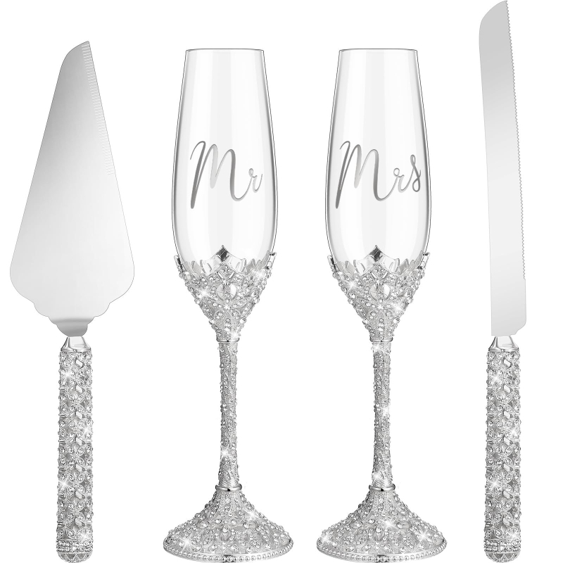 Amazon Hot Transgranice Wedding Gift Suit Advanced Diamond-Incrusted Metal Foot Champagne Cake Cup Cake Knife Shovel Set of Furniture