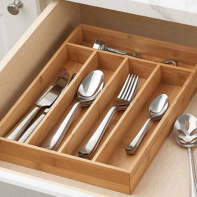 Virtuvės stalo įrankių organizatorius, bambukinis teleskopinis peilių dėžutė, kūrybinis stalčius, peilių ir šakučių laikymo dėklas