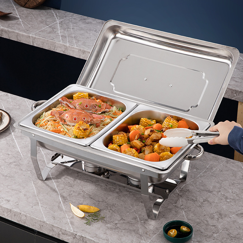 Tarpvalstybinė sulankstoma nerūdijančio plieno viešbučio savitarnos viryklė, alkoholio šildymo izoliacija, auksinė stačiakampė apverčiama savitarnos viryklė