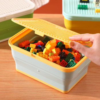 Κουτί αποθήκευσης παιχνιδιών Lego με καπάκι που μπορεί να ραμθεί σε μπλοκ, πτυσσόμενο κουτί αποθήκευσης με χρώμα σιλικόνης