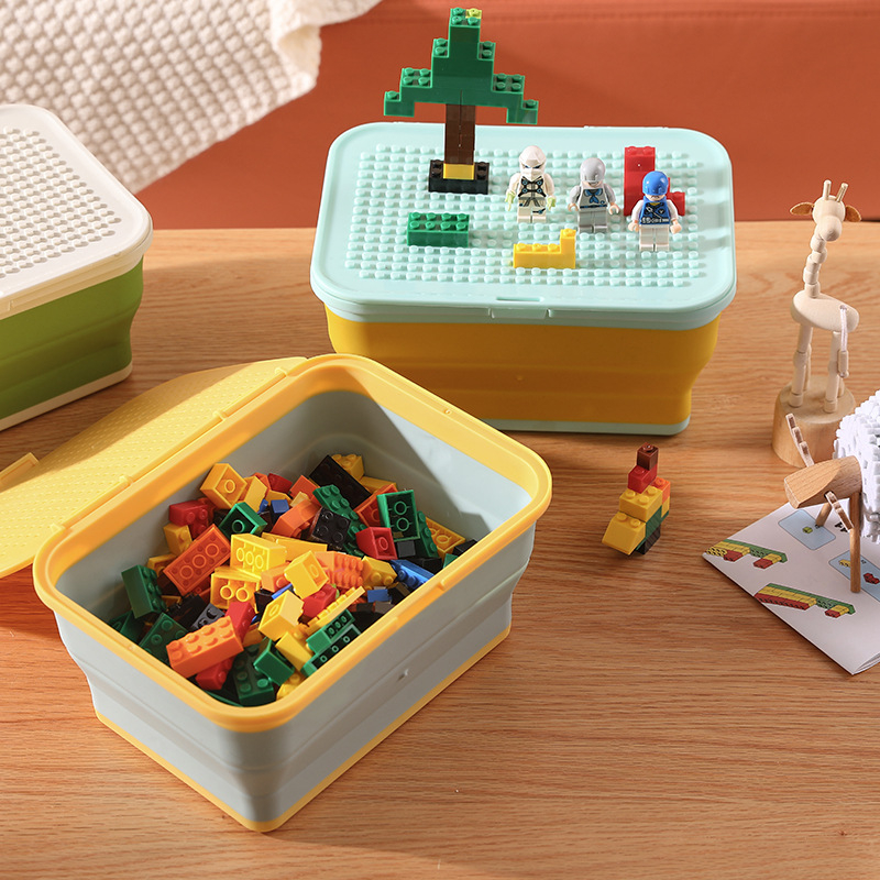 Skladacia silikónová úložná krabica na hračky Lego, veko sa dá zošiť, kocky, farebne zladená
