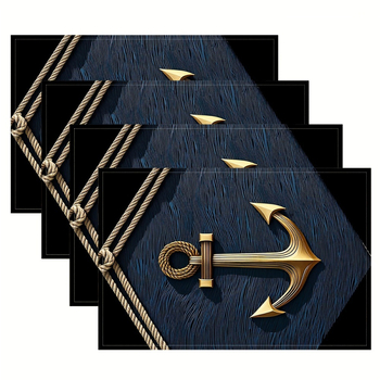 4 mereteemalist ankrumustriga laualinikut, 100% linasest kootud ristkülikukujulist, käsitsi pestav, suurus 12x18