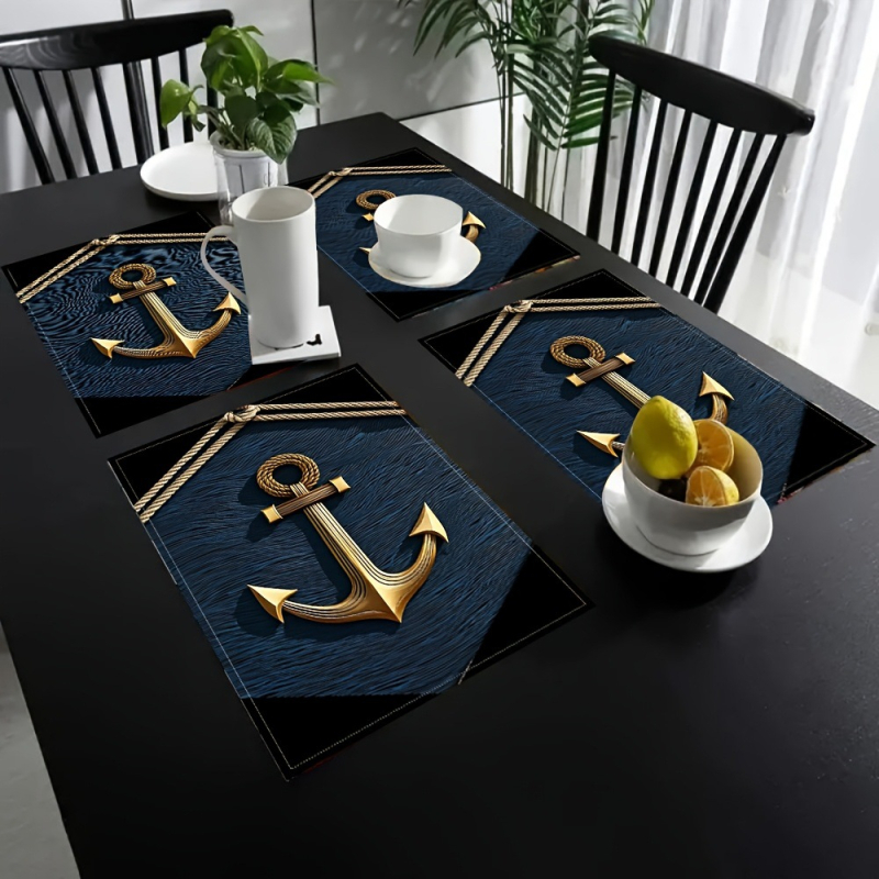 4 mereteemalist ankrumustriga laualinikut, 100% linasest kootud ristkülikukujulist, käsitsi pestav, suurus 12x18