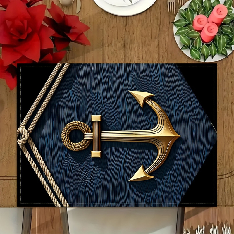 4 mereteemalist ankrumustriga laualinikut, 100% linasest kootud ristkülikukujulist, käsitsi pestav, suurus 12x18