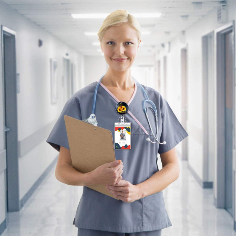 4 cm pusmetalinė ID sagtis Saulėgrąža Gyvybės medis Lengvai užtraukiama sagtis Gydytojo ir slaugytojo ištraukiama ženklelių ritė