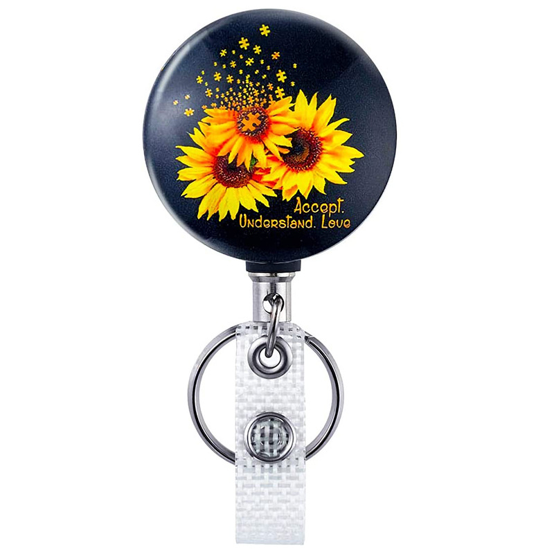 4 cm pusmetalinė ID sagtis Saulėgrąža Gyvybės medis Lengvai užtraukiama sagtis Gydytojo ir slaugytojo ištraukiama ženklelių ritė