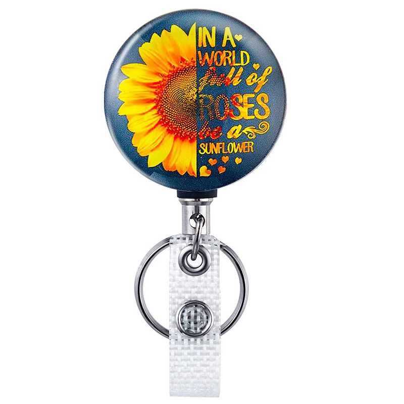 4 cm pusmetalinė ID sagtis Saulėgrąža Gyvybės medis Lengvai užtraukiama sagtis Gydytojo ir slaugytojo ištraukiama ženklelių ritė