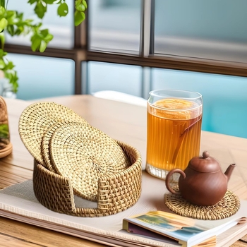 Alumise riidega Vietnami vana rotangist matt Teekomplekt Käsitsi valmistatud lauamatt Laua rotangist matt Isoleeritud nõudepesumatt Kauss Loominguline lilla savipott Matt