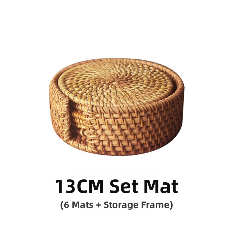 Alumise riidega Vietnami vana rotangist matt Teekomplekt Käsitsi valmistatud lauamatt Laua rotangist matt Isoleeritud nõudepesumatt Kauss Loominguline lilla savipott Matt