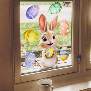 DJ7575 Великденски стикер с електростатично яйце с анимационен заек, празнична декорация за прозорец, двустранен стикер за визуално стъкло