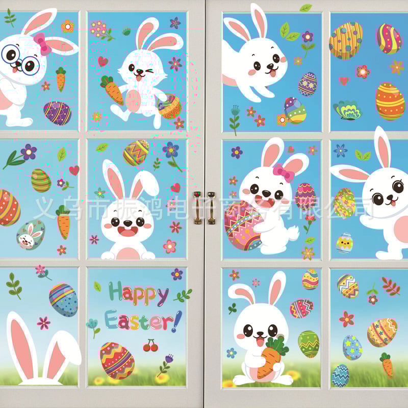 Трансгранични горещи нови великденски стикери, анимационни сладки яйца заек, електростатични стикери за парти, декоративни стикери за стена на врати и прозорци