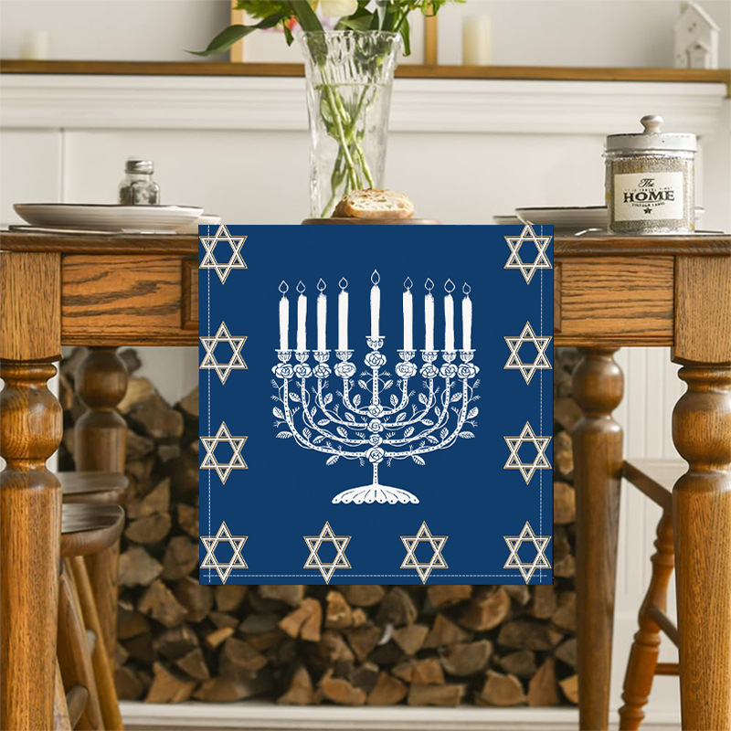 Nauja mėlyna Chanukos staltiesė, žvakių šviesos festivalis, balta kanapių stalo dekoratyvinė staltiesė, tarpvalstybinė virtuvės restorano staltiesė, arbatos vėliavėlė