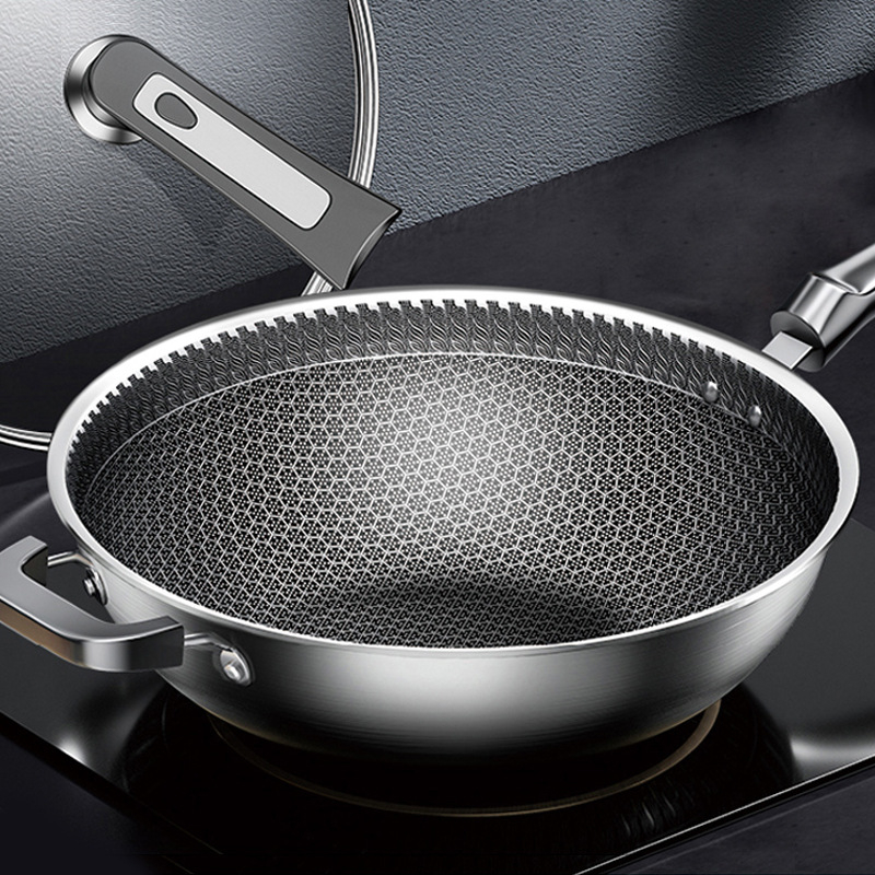 Nauja korio neprideganti nerūdijančio plieno keptuvė, buitinė keptuvė, universali viryklė, keptuvė, didmeninė prekyba