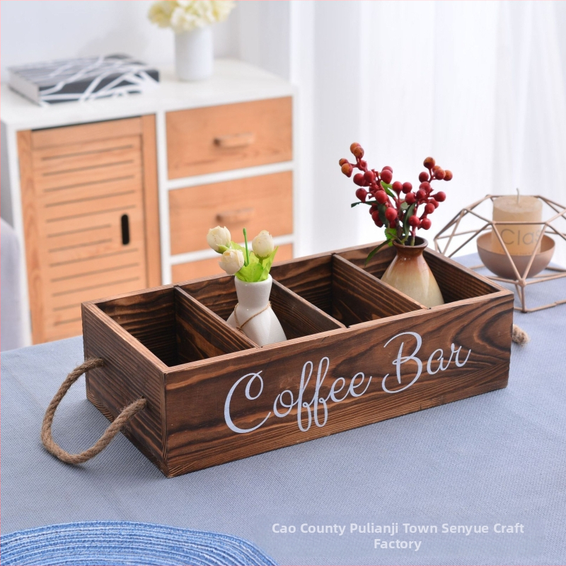Vintage drevená úložná krabica na čajovú miestnosť, úložná krabica na kávové čajové vrecúška z masívneho dreva, prenosná priehradka na úložný priestor z masívneho dreva