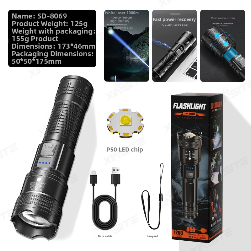 Stiprus žibintuvėlis, daugiafunkcis įkraunamas, namams, stovyklavimui, patvarus, lauko, itin ryškus, mini, didelio nuotolio nešiojamas žibintuvėlis