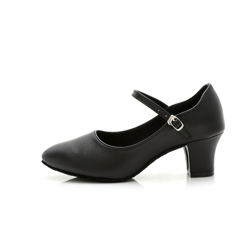 Moteriški modernūs šokių bateliai „Crossborder Amazon“ juodi, vidutinio storo kulno, šokių bateliai su viena dirželiu ir sagtimi.