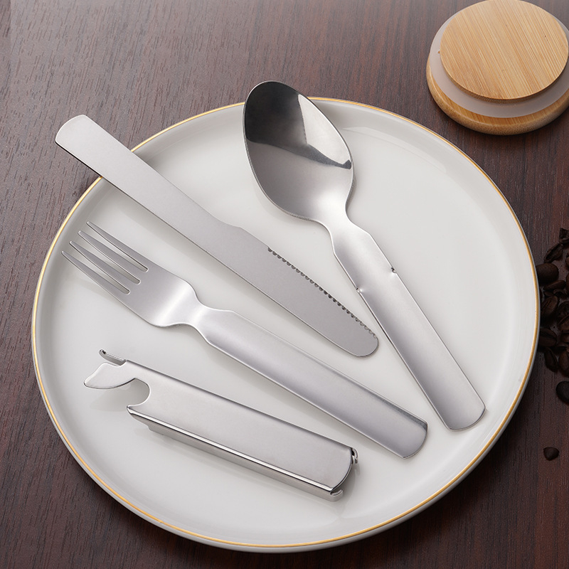 Rozsdamentes acél kés, villa és kanál Amazon határokon átnyúló ellátás kültéri asztali kés, villa és kanál három az egyben hordozható kés, villa és kanál