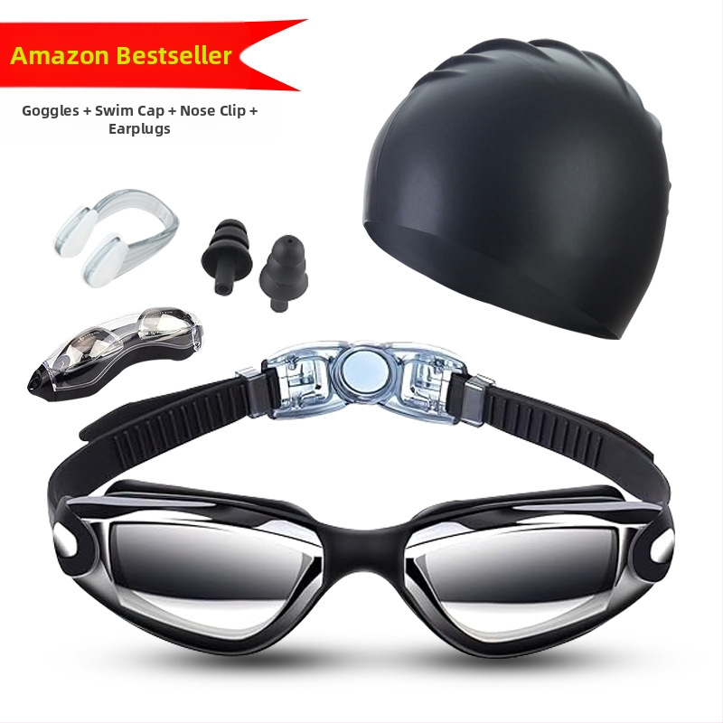 Suaugusiųjų plaukimo akinių komplektas, keturių dalių silikoniniai plaukimo akiniai vyrams ir moterims, profesionali vandeniui atspari plaukimo įranga, apsauganti nuo rasojimo