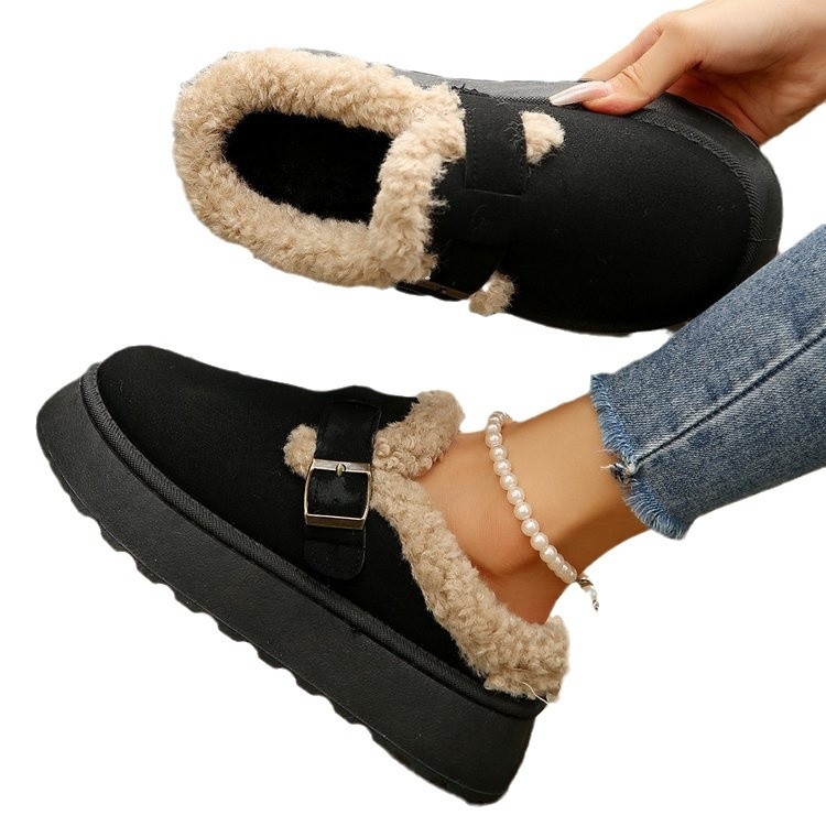 2024 m. tarpvalstybinės mados rudens ir žiemos storos pliušinės sagties šiltos medvilninės šlepetės, laisvalaikio, plius dydžio, užsienio prekybos nauji moteriški batai