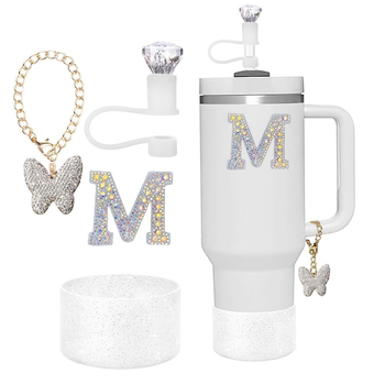 Amazon Vânzare Fierbinte Diamant Paie Praf Capac Stralucitor Diamant Fluture Breloc Pandantiv Silicon Cup Set Alfabet Autocolant