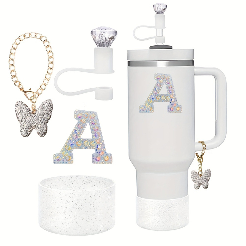 Amazon Vânzare Fierbinte Diamant Paie Praf Capac Stralucitor Diamant Fluture Breloc Pandantiv Silicon Cup Set Alfabet Autocolant