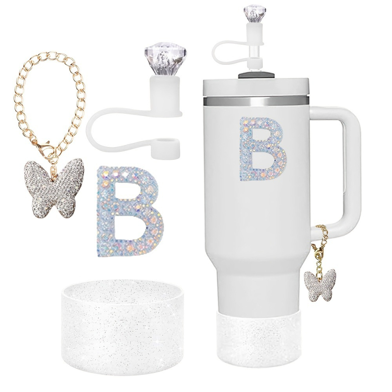 Amazon Vânzare Fierbinte Diamant Paie Praf Capac Stralucitor Diamant Fluture Breloc Pandantiv Silicon Cup Set Alfabet Autocolant