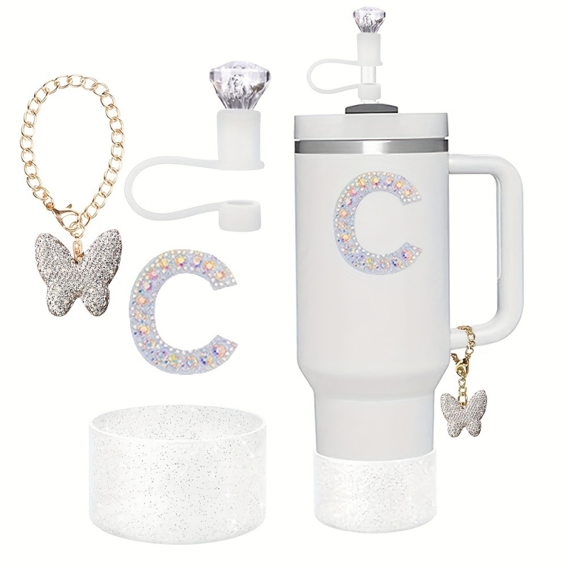 Amazon Vânzare Fierbinte Diamant Paie Praf Capac Stralucitor Diamant Fluture Breloc Pandantiv Silicon Cup Set Alfabet Autocolant