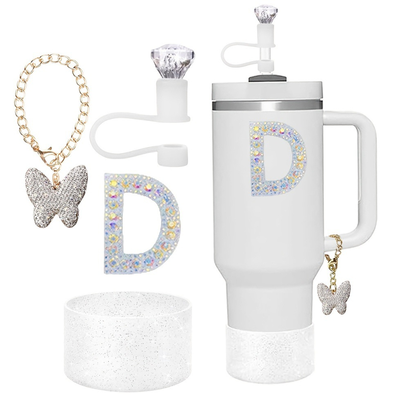 Amazon Vânzare Fierbinte Diamant Paie Praf Capac Stralucitor Diamant Fluture Breloc Pandantiv Silicon Cup Set Alfabet Autocolant