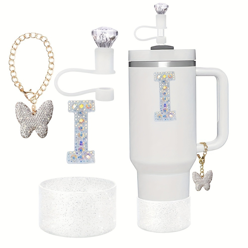 Amazon Vânzare Fierbinte Diamant Paie Praf Capac Stralucitor Diamant Fluture Breloc Pandantiv Silicon Cup Set Alfabet Autocolant
