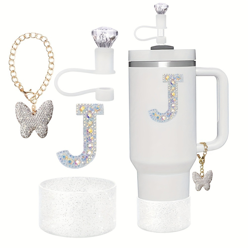 Amazon Vânzare Fierbinte Diamant Paie Praf Capac Stralucitor Diamant Fluture Breloc Pandantiv Silicon Cup Set Alfabet Autocolant